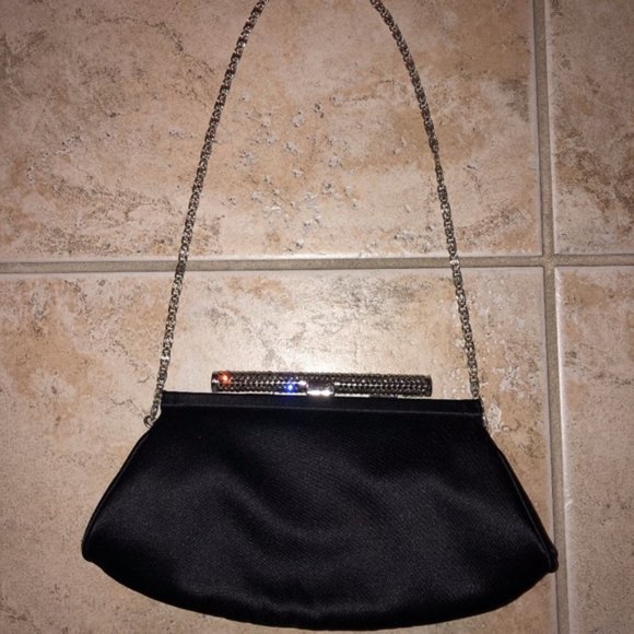 Ann Taylor Handbags - Evening Bag Strap Black Satin Beaded Silve…